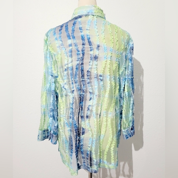 Erin London SZ XL Sheer Blouse Green Blue Stripe Textured Mesh Button Front Top - Picture 5 of 13